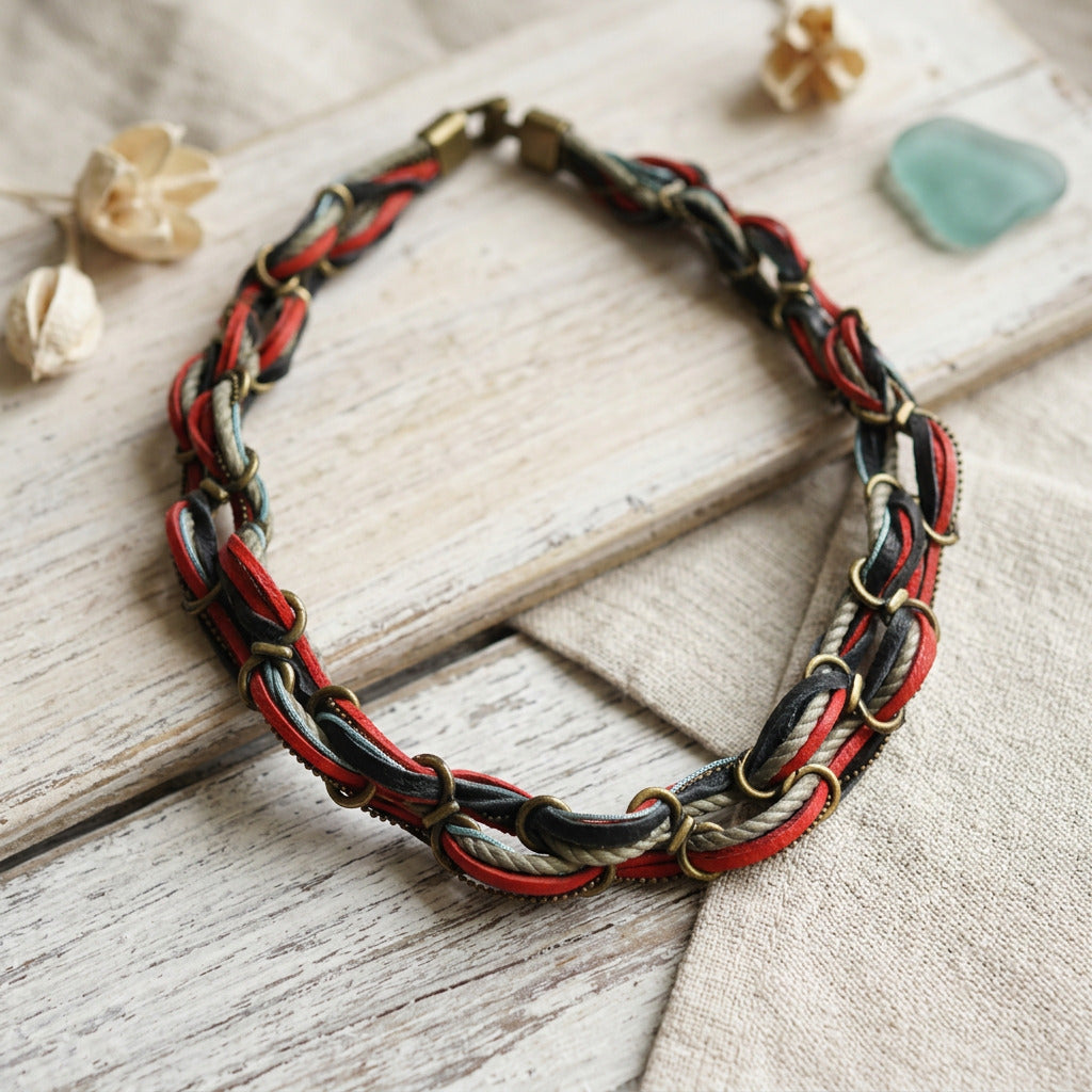 Multi-Color Woven Leather & Brass Ring Choker Collar