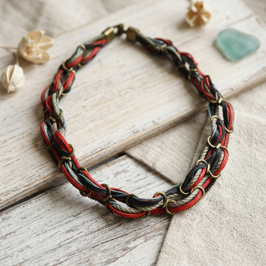 Multi-Color Woven Leather & Brass Ring Choker Collar - Verna Artisan Works
