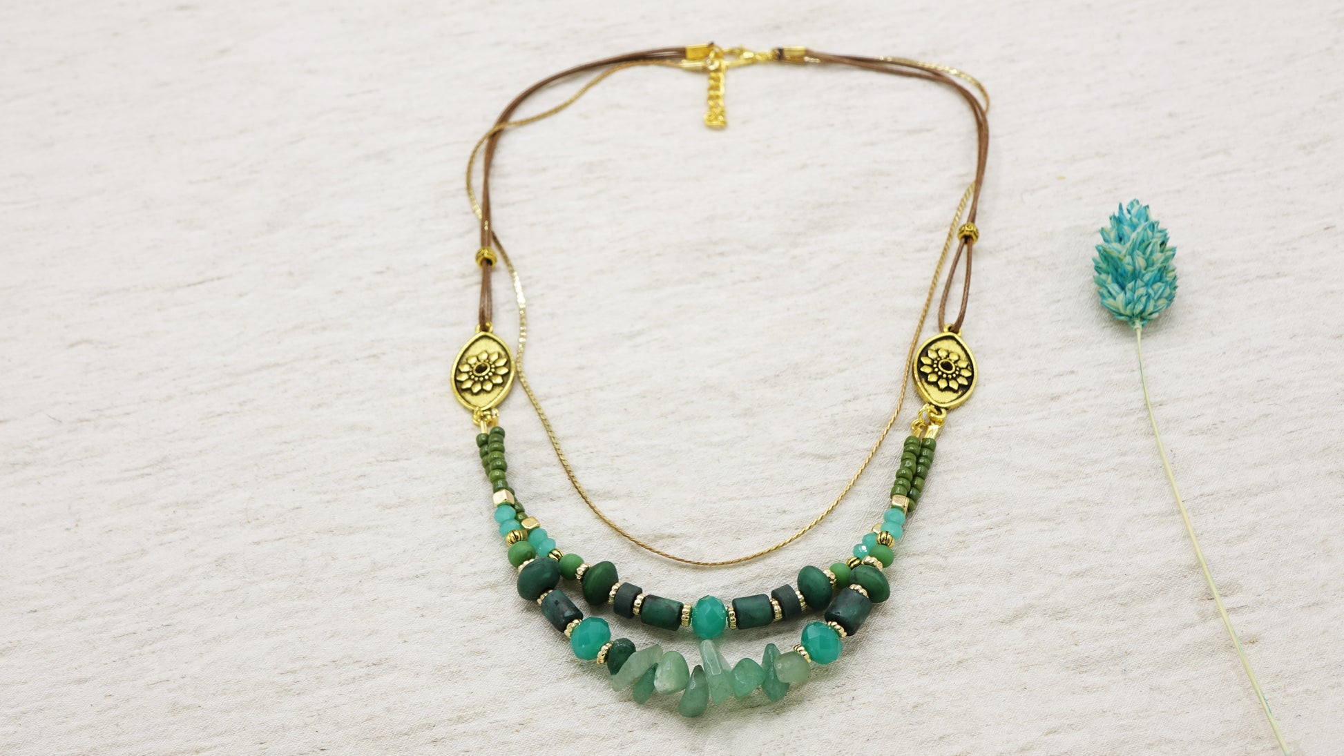 Jade Beaded Crystal Necklace - Flower