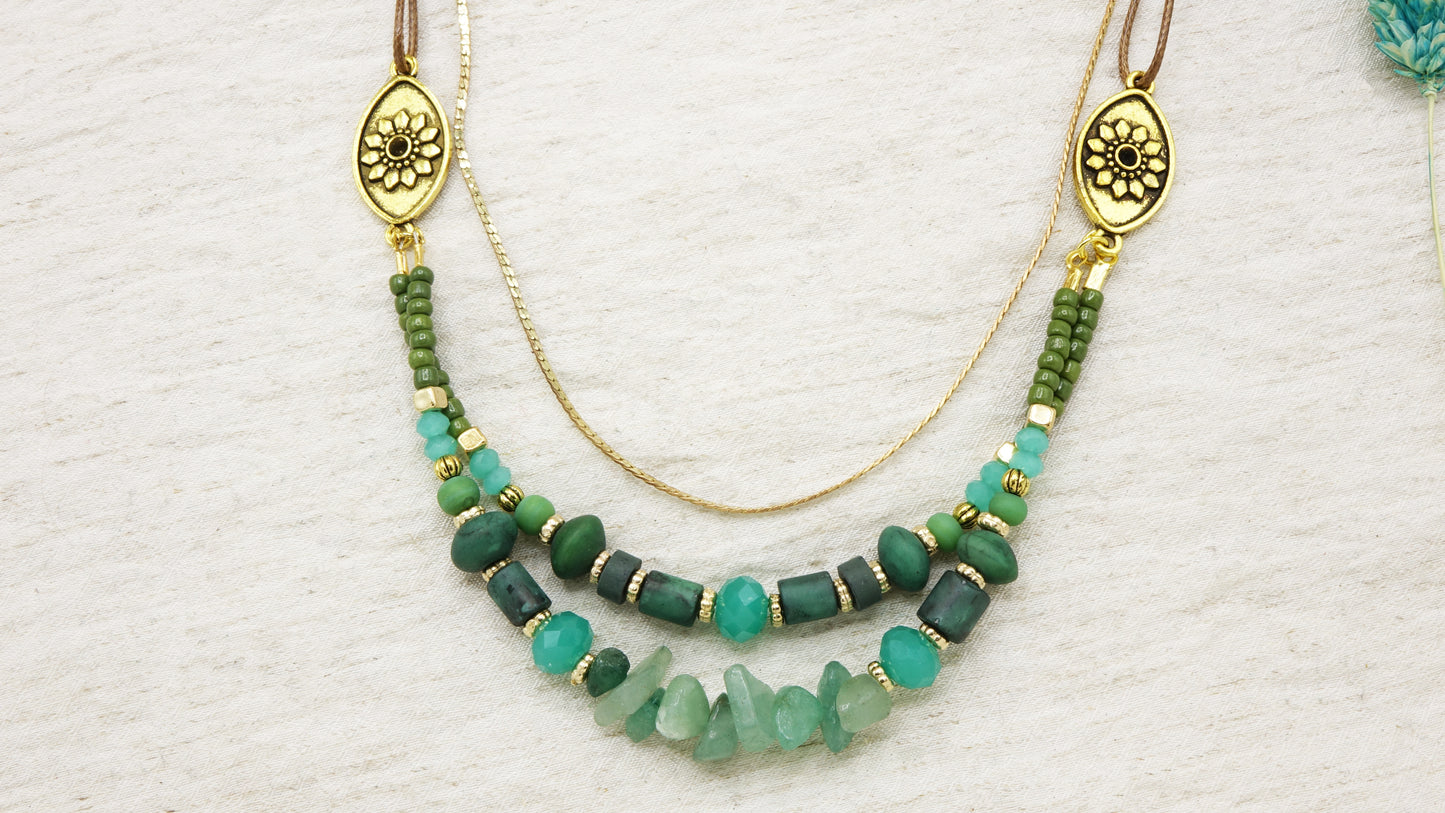 Jade Beaded Crystal Necklace - Flower