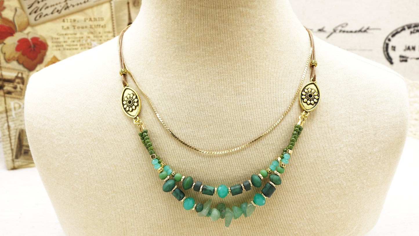 Jade Beaded Crystal Necklace - Flower