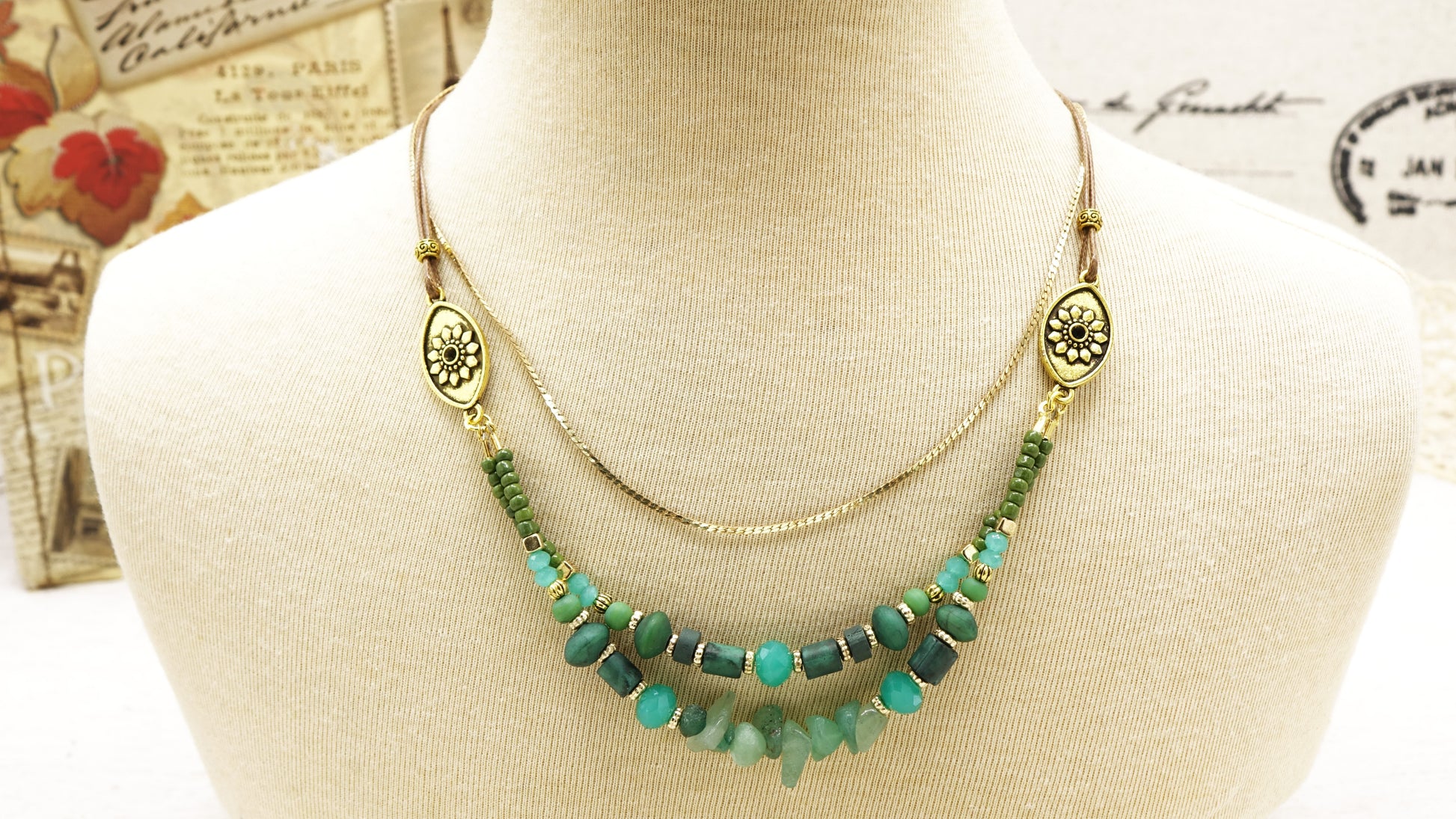 Jade Beaded Crystal Necklace - Flower