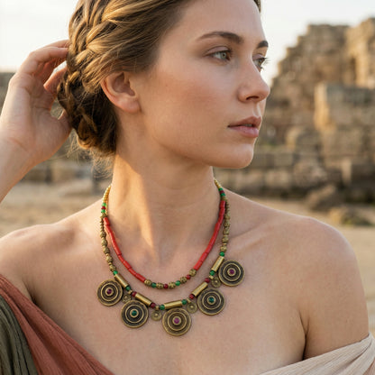 Woman wearing a decorative necklace with a blurred background