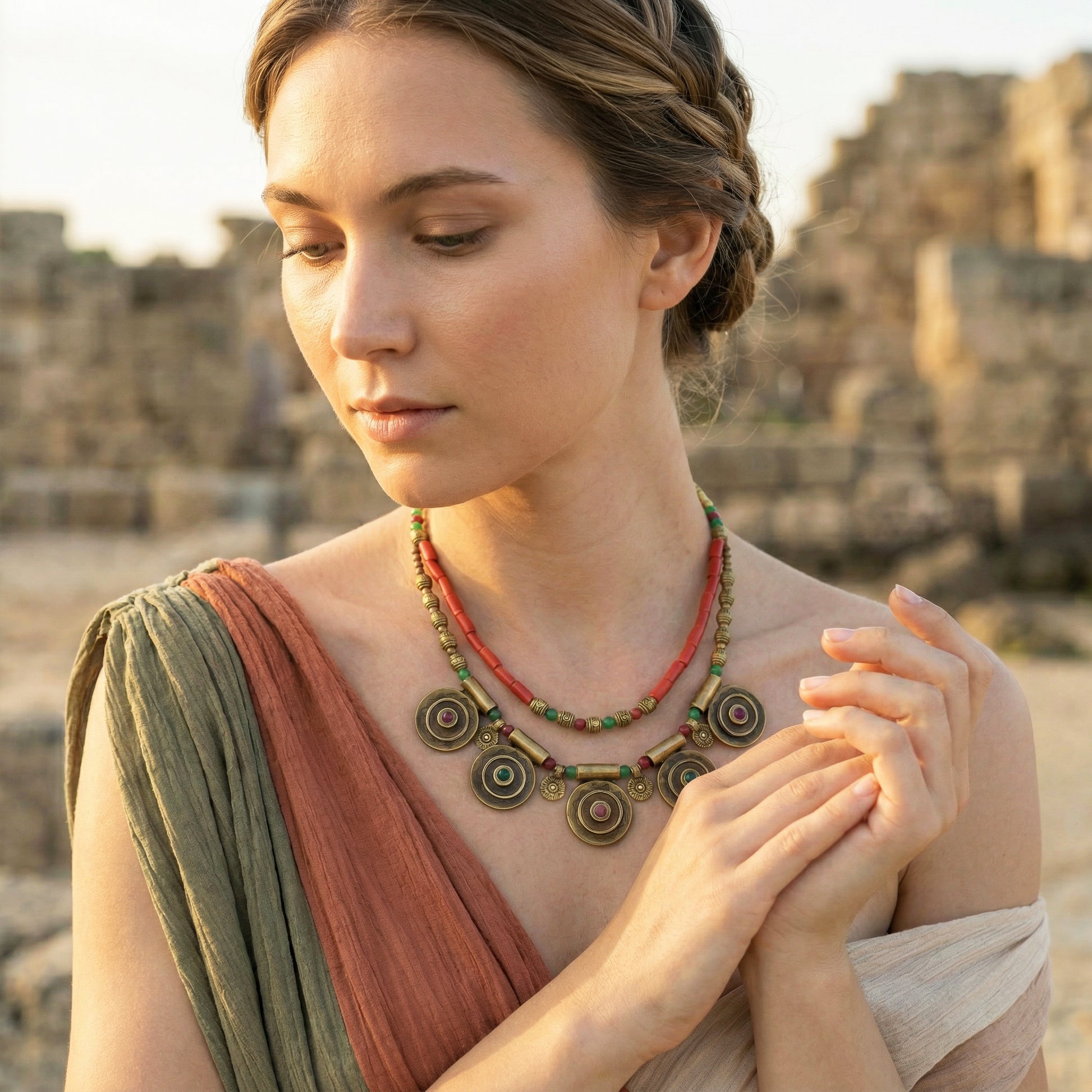 Woman wearing a necklace with a scenic background