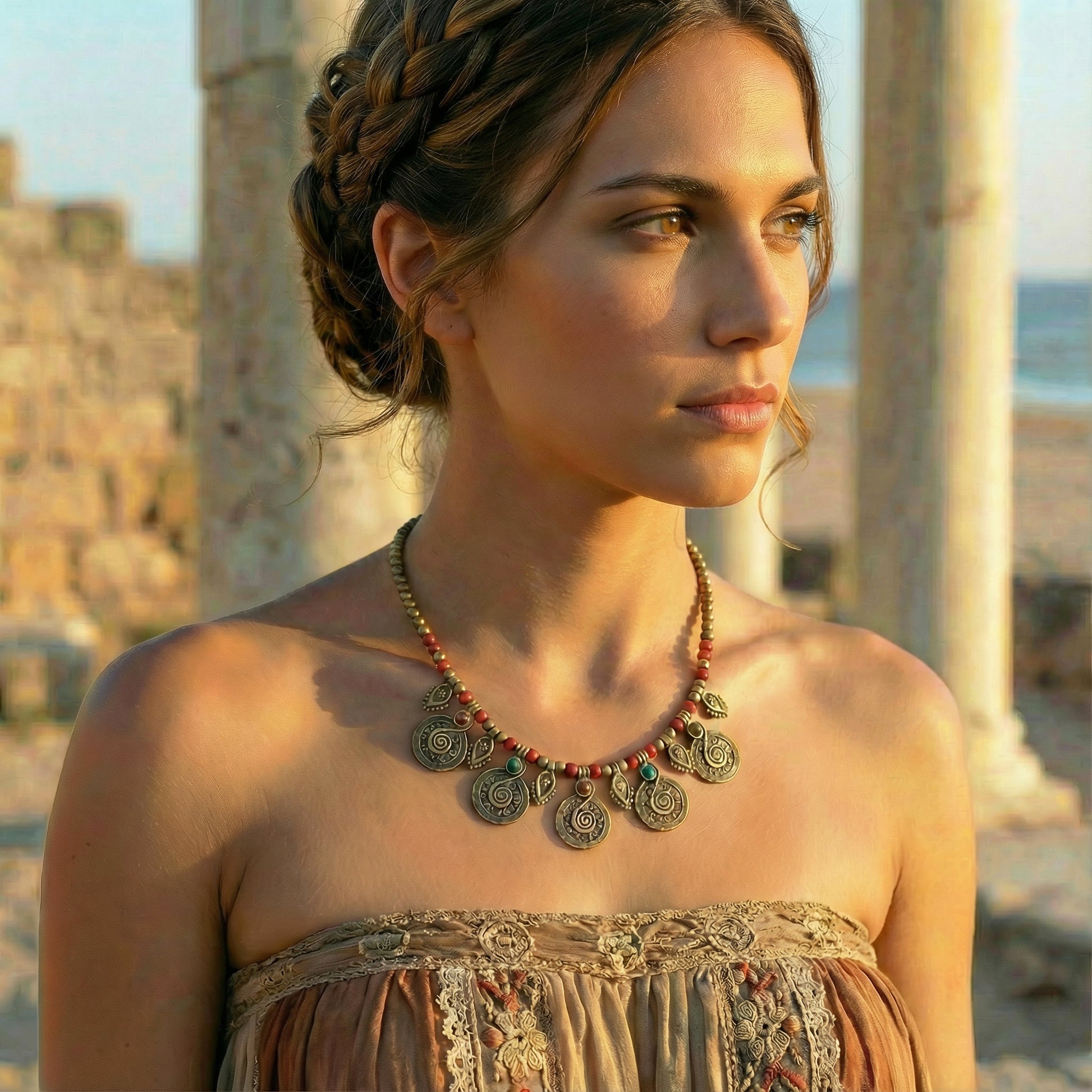 Woman wearing a decorative necklace with a scenic background