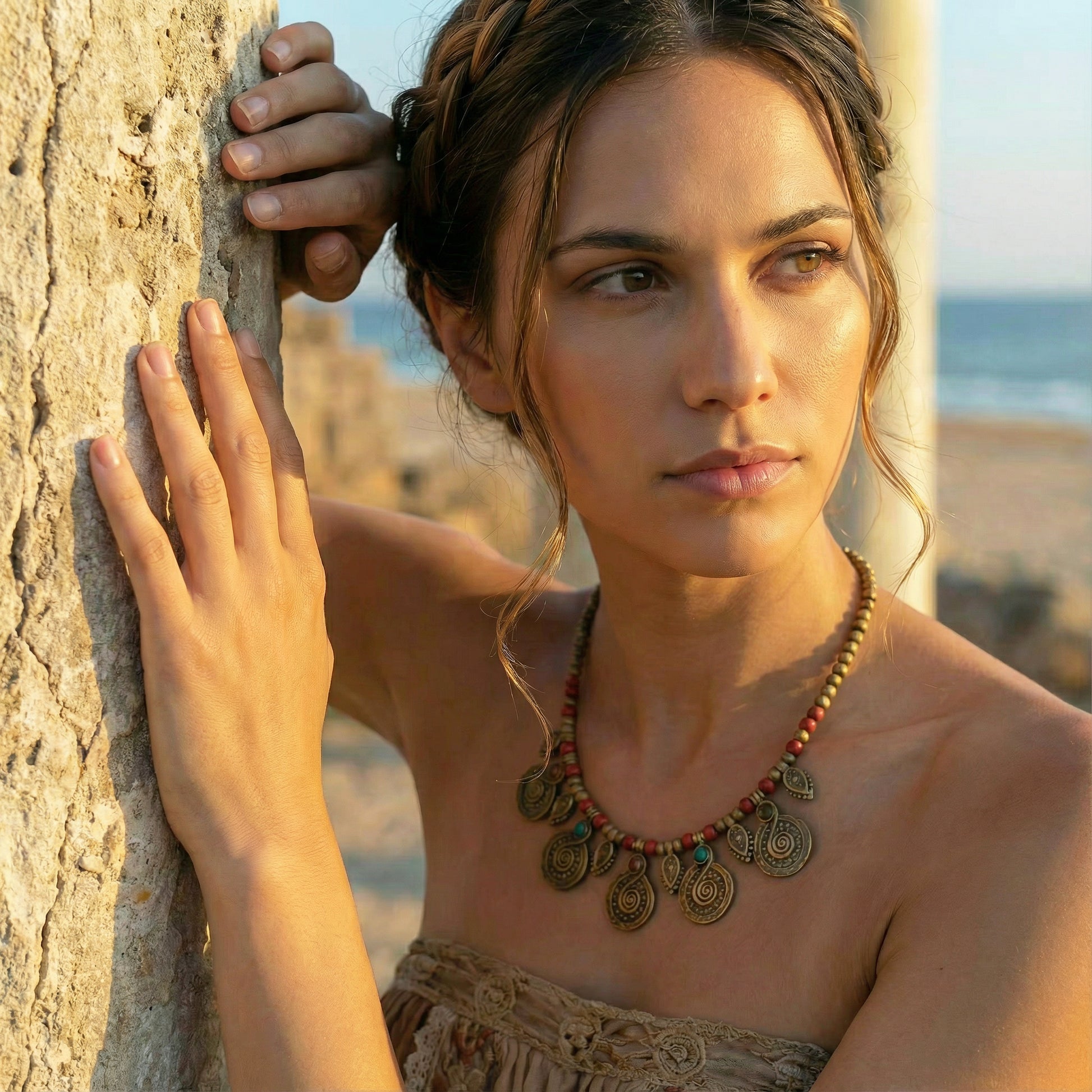 Woman wearing a necklace by a tree with a beach in the background