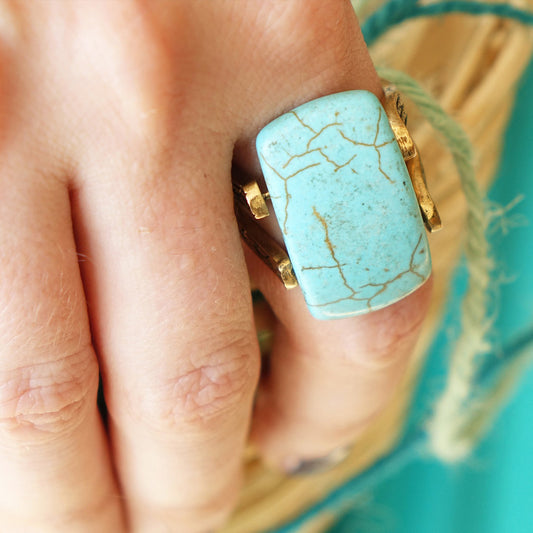 Turquoise Statement Ring – Wholesale Listing (Assorted Gold & Silver Bronze Bands) - Verna Artisan Works