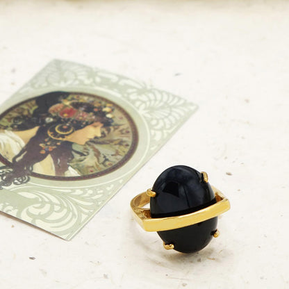Bold Onyx Stone Ring – Adjustable Gold-Coloured Bronze Band