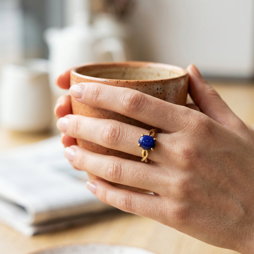 A close-up lifestyle shot of a person's hands holding a speckled brown ceramic mug, wearing a ring with a deep blue oval lapis lazuligemstone on one finger.