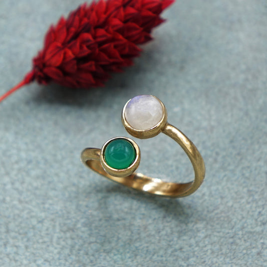 Handcrafted Adjustable Green Agate & Moonstone Gemstone Ring