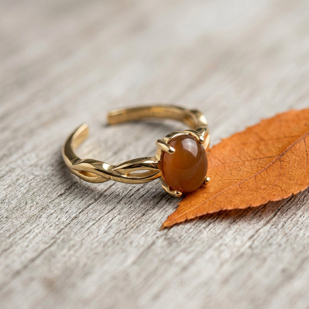 A gold-toned open ring with a smooth oval amber-brown agate gemstone, photographed on a light wood surface next to an orange leaf.