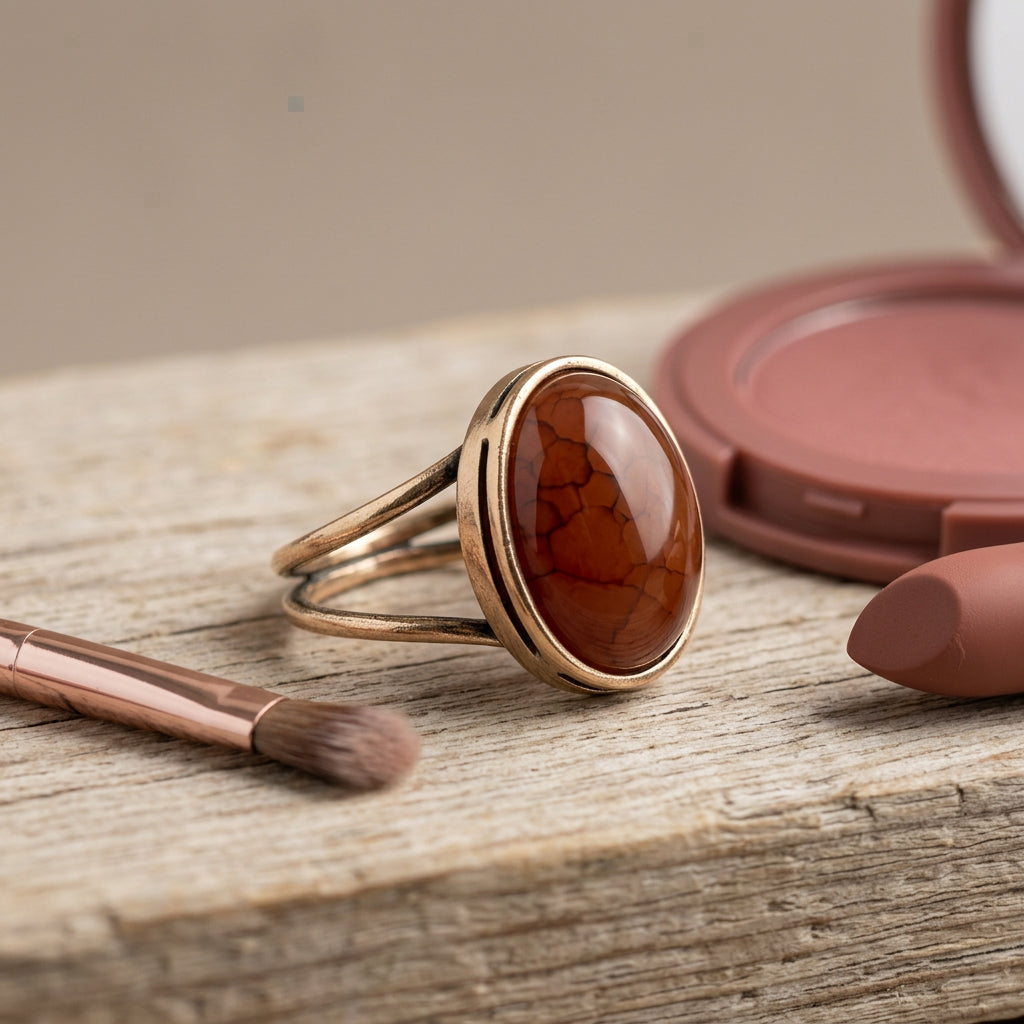 A gold-toned ring with a large oval agate stone, styled on a rustic wooden surface with makeup props including a compact, lipstick, and a makeup brush.