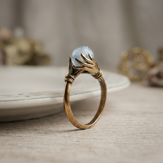 A gothic-style ring featuring a gold-toned band and hands clutching a round, light moonstone, displayed on a light wooden surface with a blurred background.