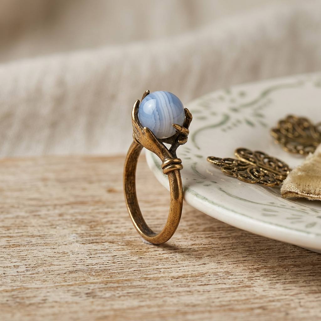 An antique bronze ring featuring a round, light moonstone held in a leaf-like setting, displayed on a rustic wooden surface next to a white ceramic plate.