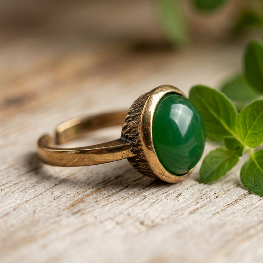 A gold-toned adjustable ring with a large, polished green jade gemstone, resting on a rustic wooden surface next to green leaves.