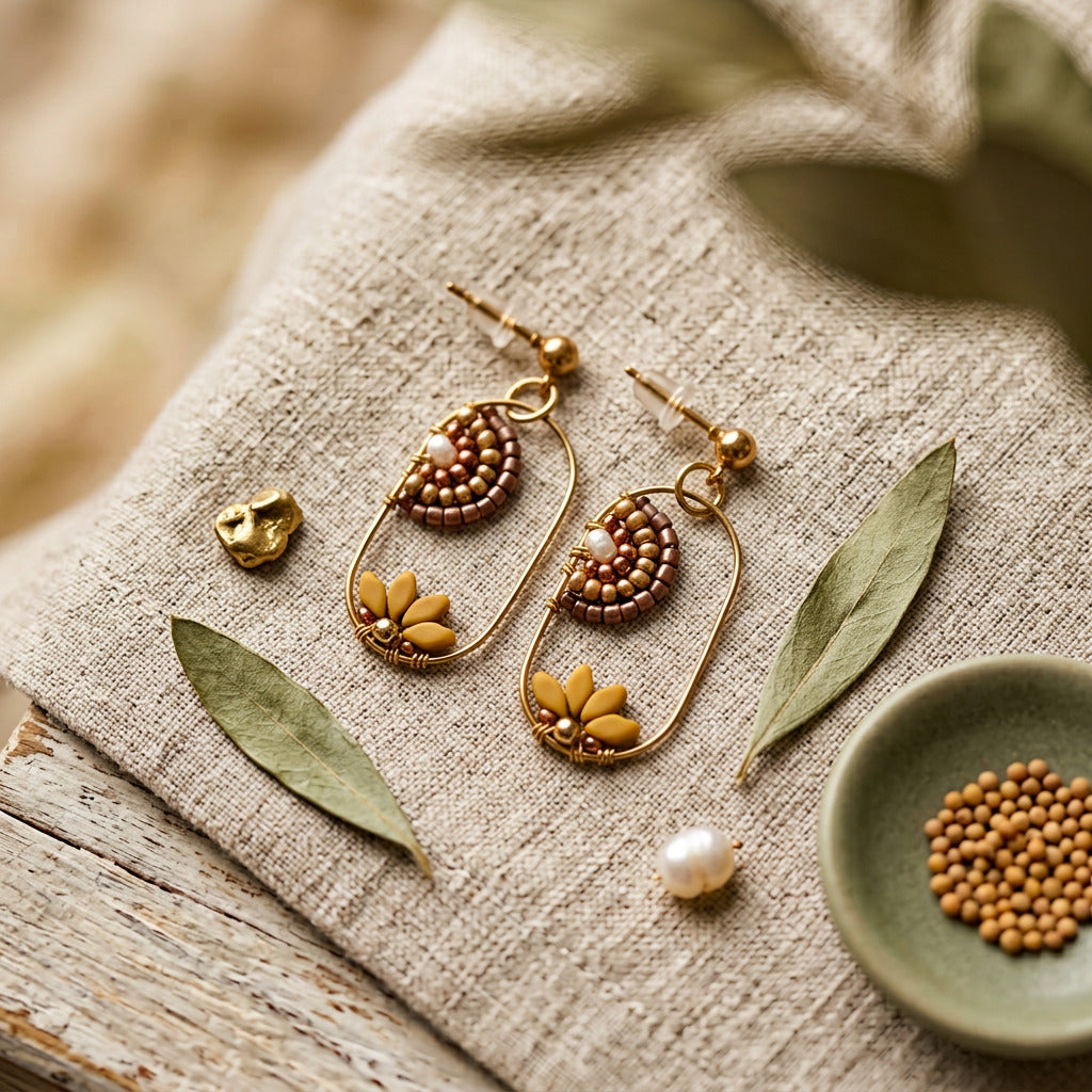 A pair of bohemian-style gold drop earrings with brown and yellow seed bead patterns and small flower charms, displayed on a textured beige linen cloth with decorative leaves and a small dish of mustard seeds.