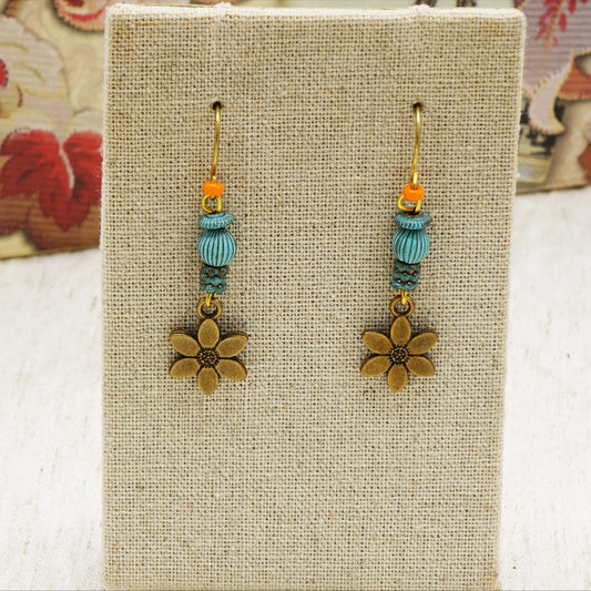 Boho Floral Drop Earrings – Vintage Brass & Turquoise