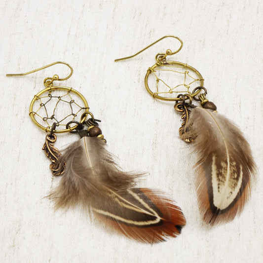 Handcrafted bohemian dreamcatcher & feather earrings