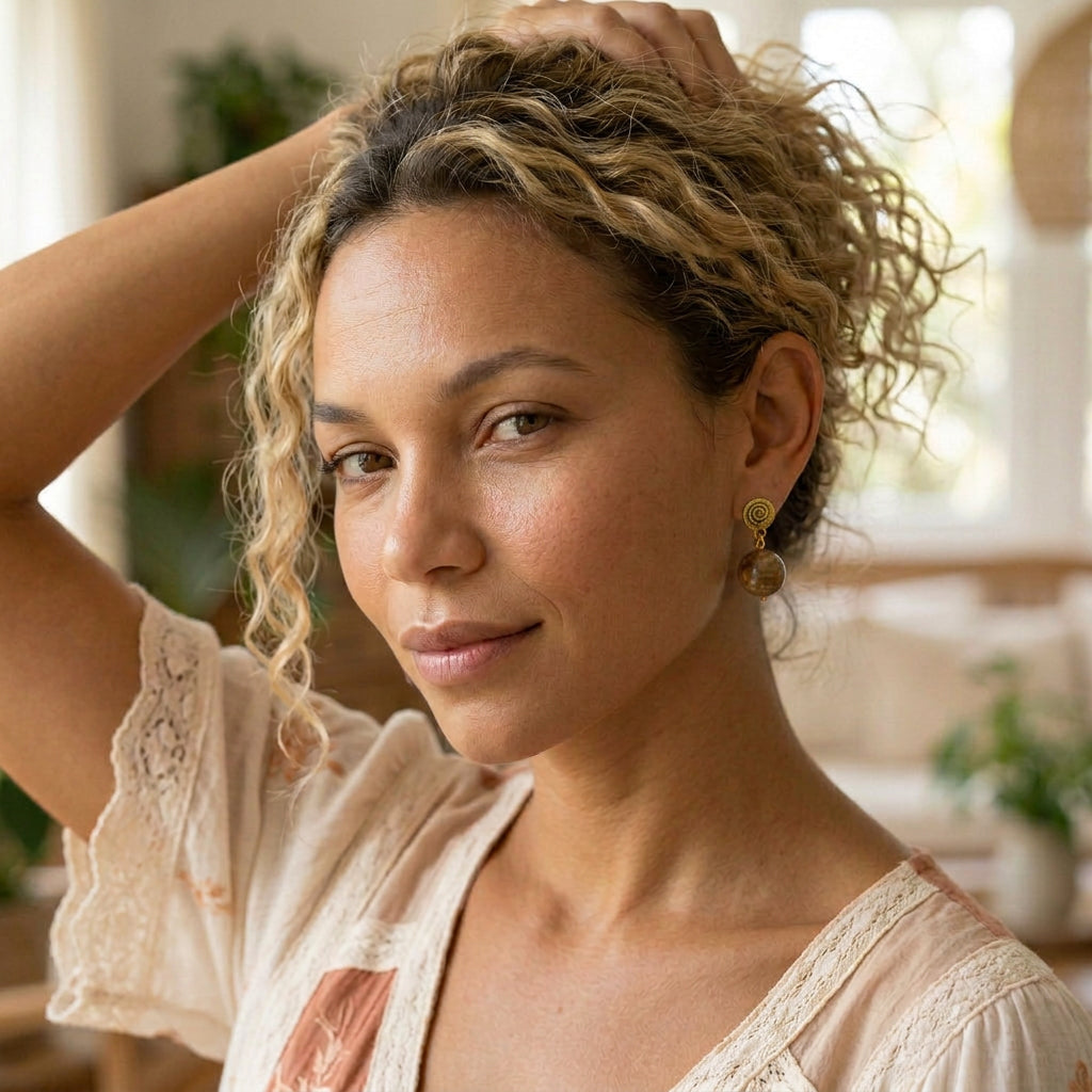 A close-up lifestyle shot of a woman with curly blonde-highlighted hair wearing gold dangle jasper earrings and a cream lace-trim top, with her hand in her hair against a softly blurred indoor background.
