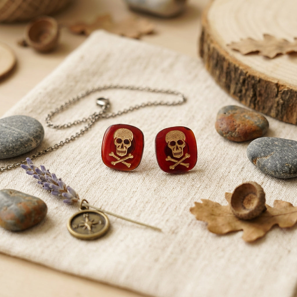 A pair of red square stud earrings with a gold skull and crossbones design, displayed on a textured cream linen cloth alongside a silver chain necklace, a bronze compass pendant, dried lavender, and natural wood props.