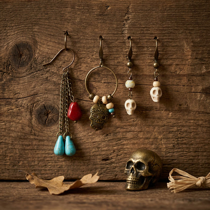 Four gothic-style earrings displayed on hooks against a rustic wooden background, with decorative skull and bead details. A small gold skull and dried leaves sit below on the wood surface.