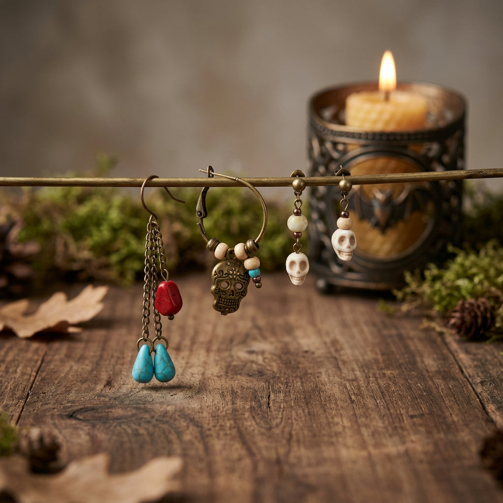 Three bohemian-style beaded earrings hang from a brass rod on a rustic wooden table, with a lit candle and moss in the background.