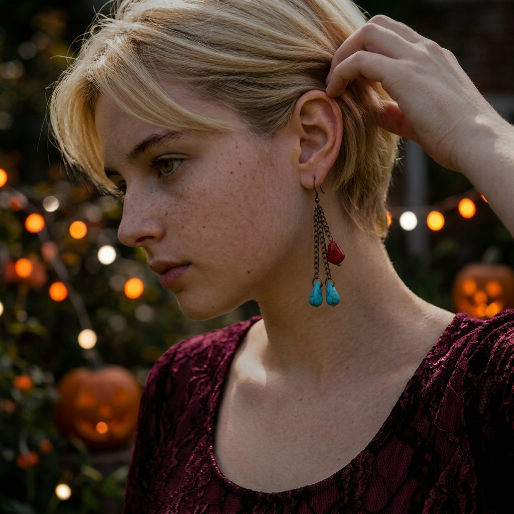 A close-up lifestyle shot of a woman with short blonde hair wearing a long dangle earring. The earring features a dark metal chain, a small red heart charm, and two dangling turquoise blue beads.