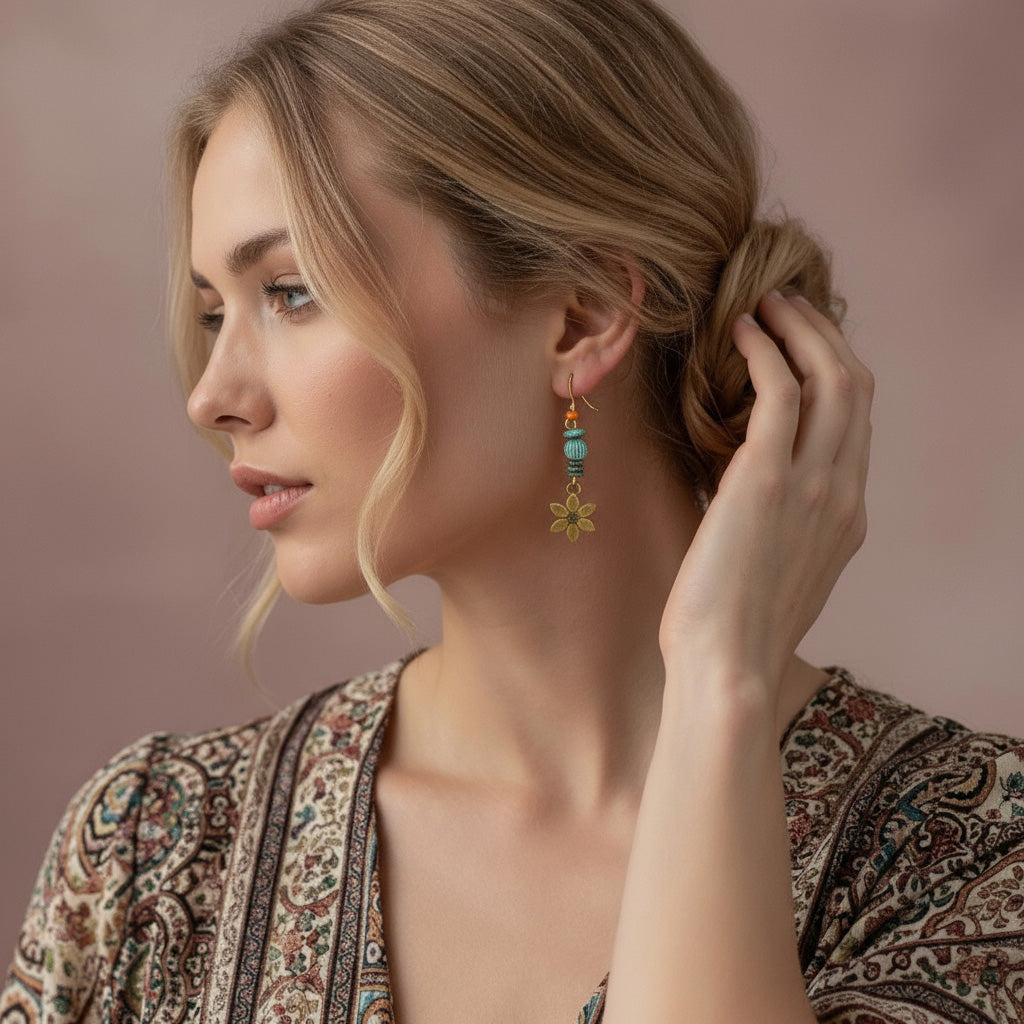 Boho Floral Drop Earrings – Vintage Brass & Turquoise