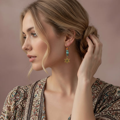 Boho Floral Drop Earrings – Vintage Brass & Turquoise