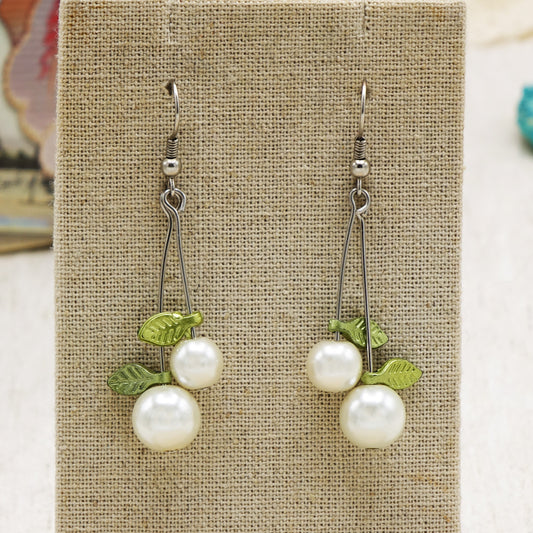 Glass Pearl Drop Earrings with Leaf Detail