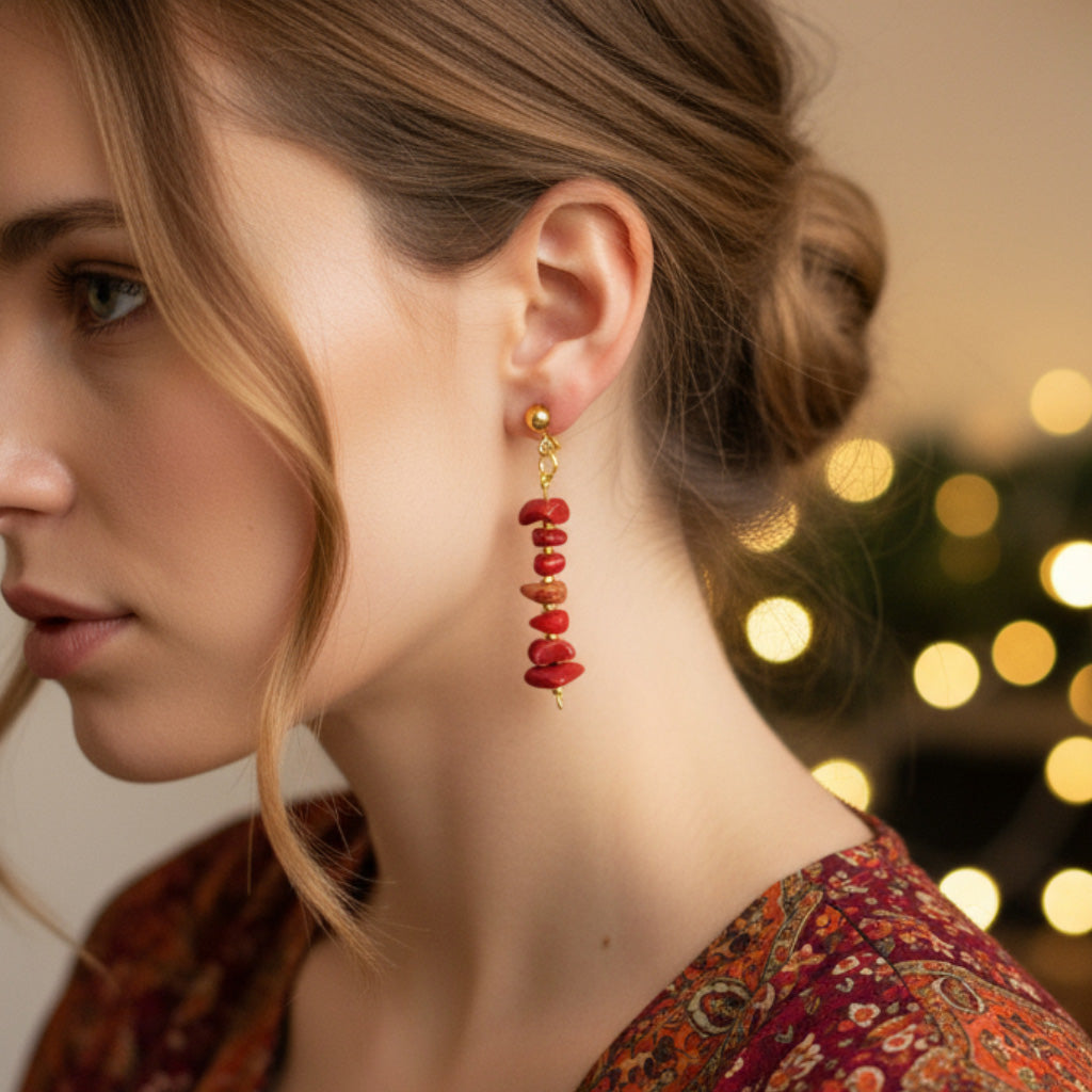 Coral Crystal Stone Earrings