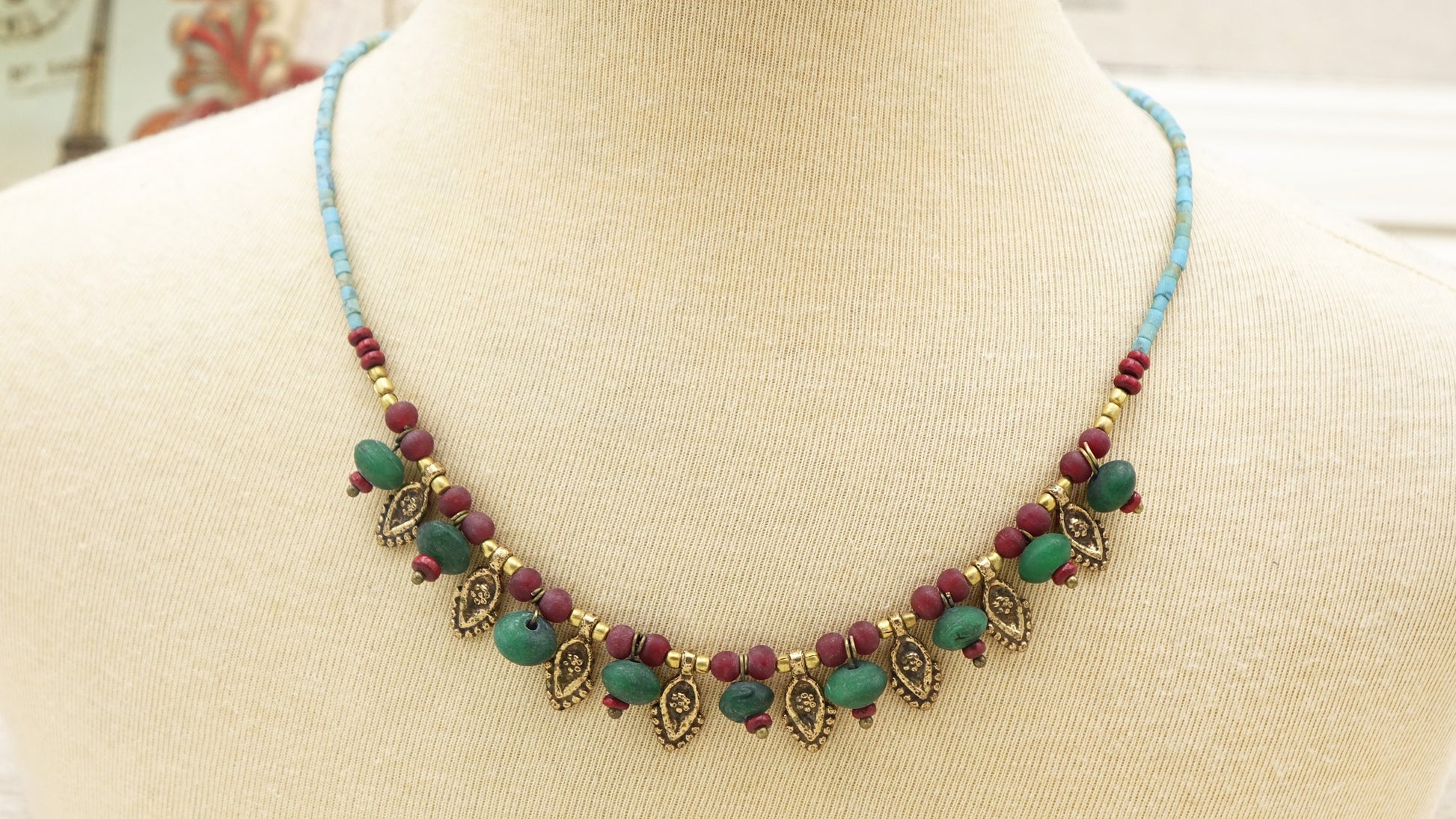 Ancient Goddess Chic Necklace Boho chic style, colorful, beaded, authentic necklace.