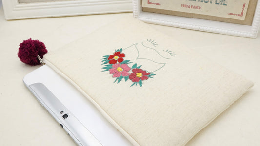 Hand Embroidered Clutch Gift Set - I-Pad / Tablet Case - Frida Kahlo - Verna Artisan Works