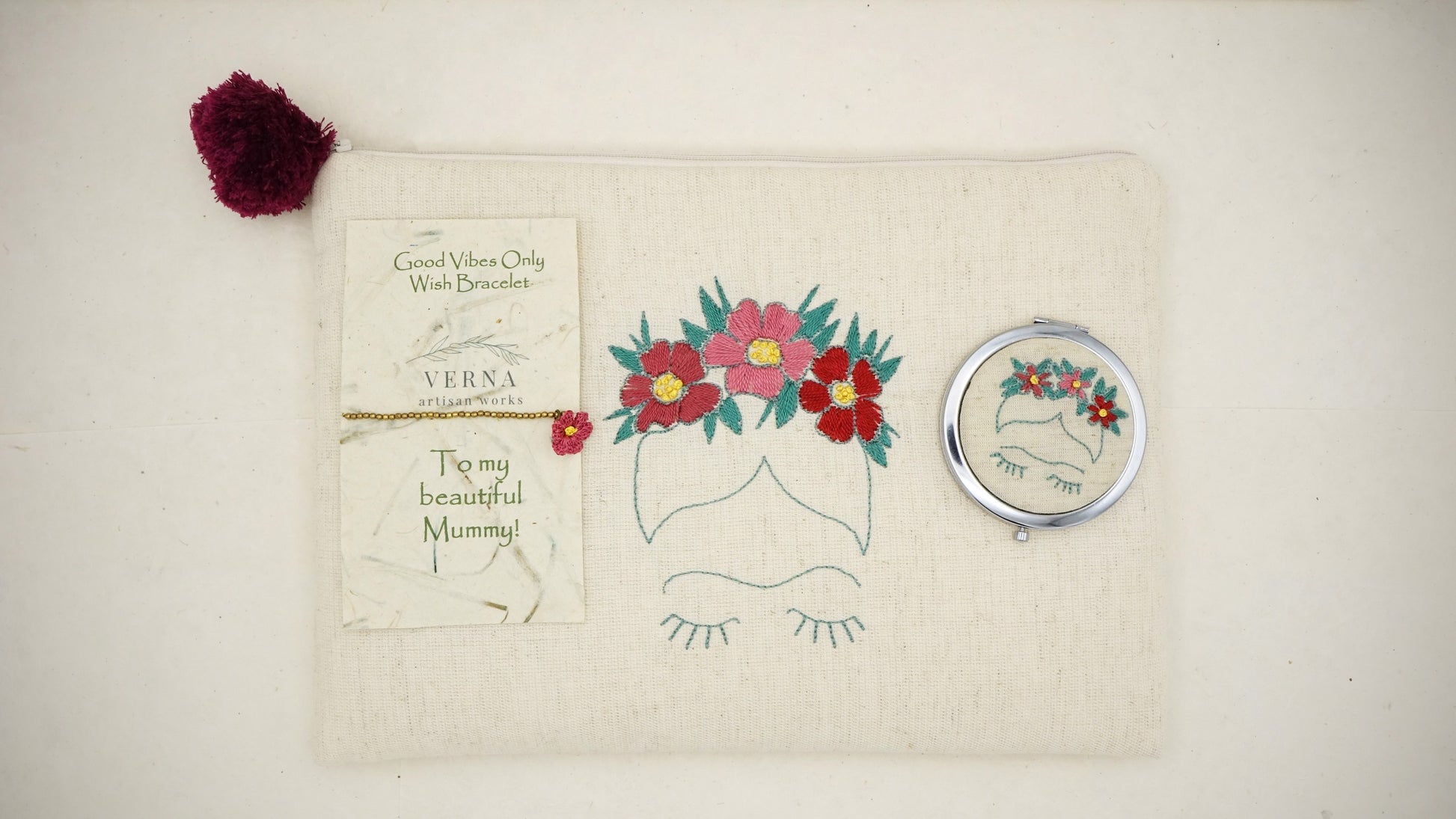 Hand Embroidered Clutch Gift Set - I-Pad / Tablet Case - Frida Kahlo - Verna Artisan Works