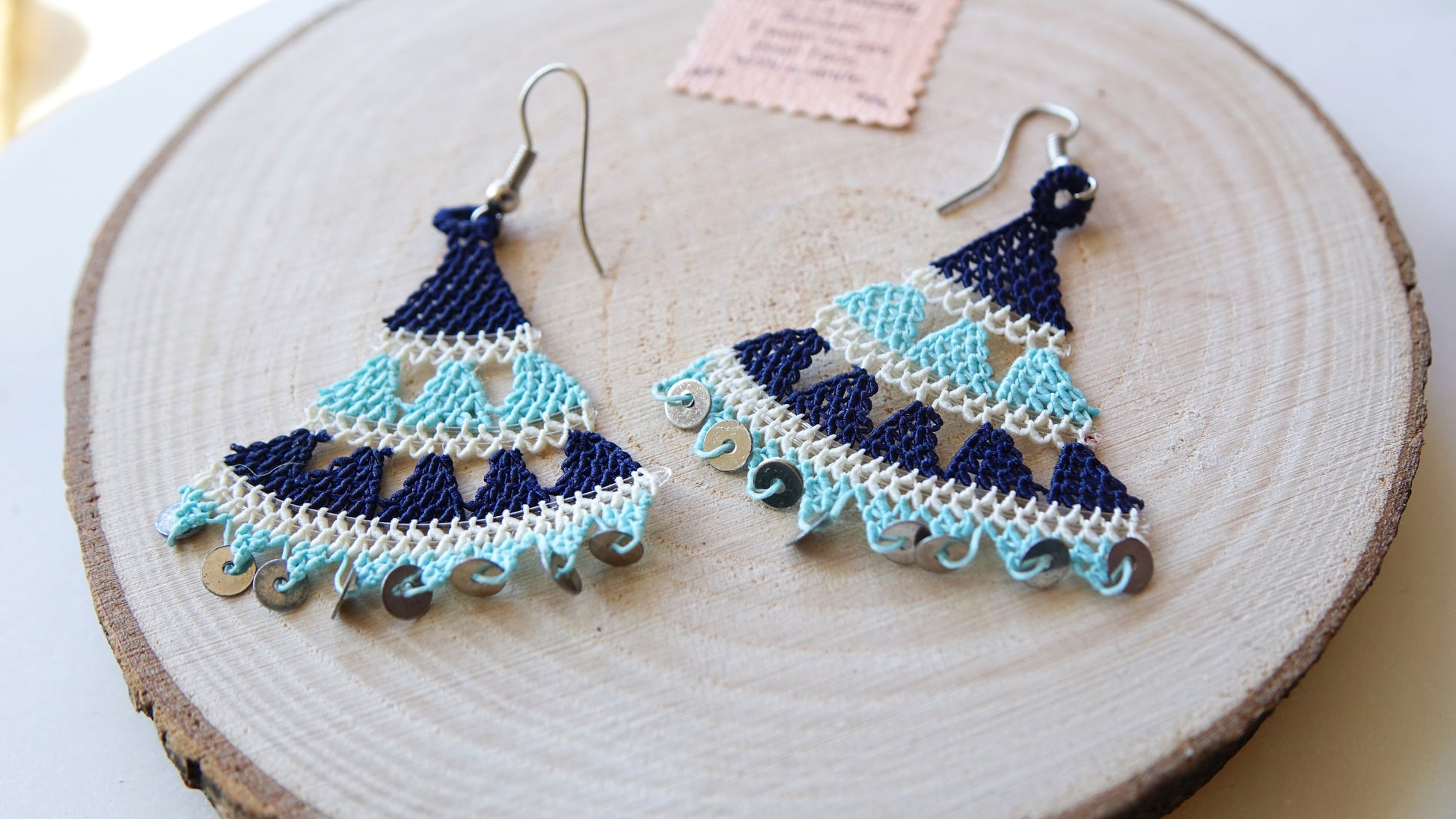 Floral Needle Lace Earrings - Light & Dark Blue - Verna Artisan Works