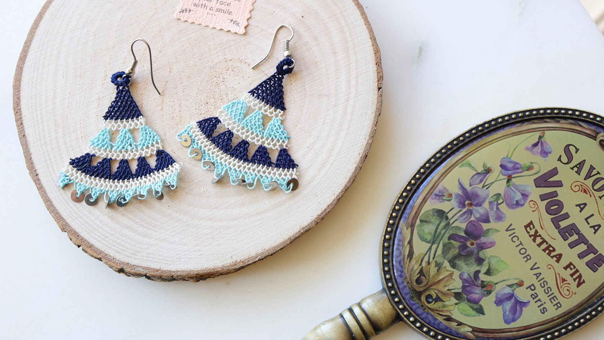 Floral Needle Lace Earrings - Light & Dark Blue - Verna Artisan Works