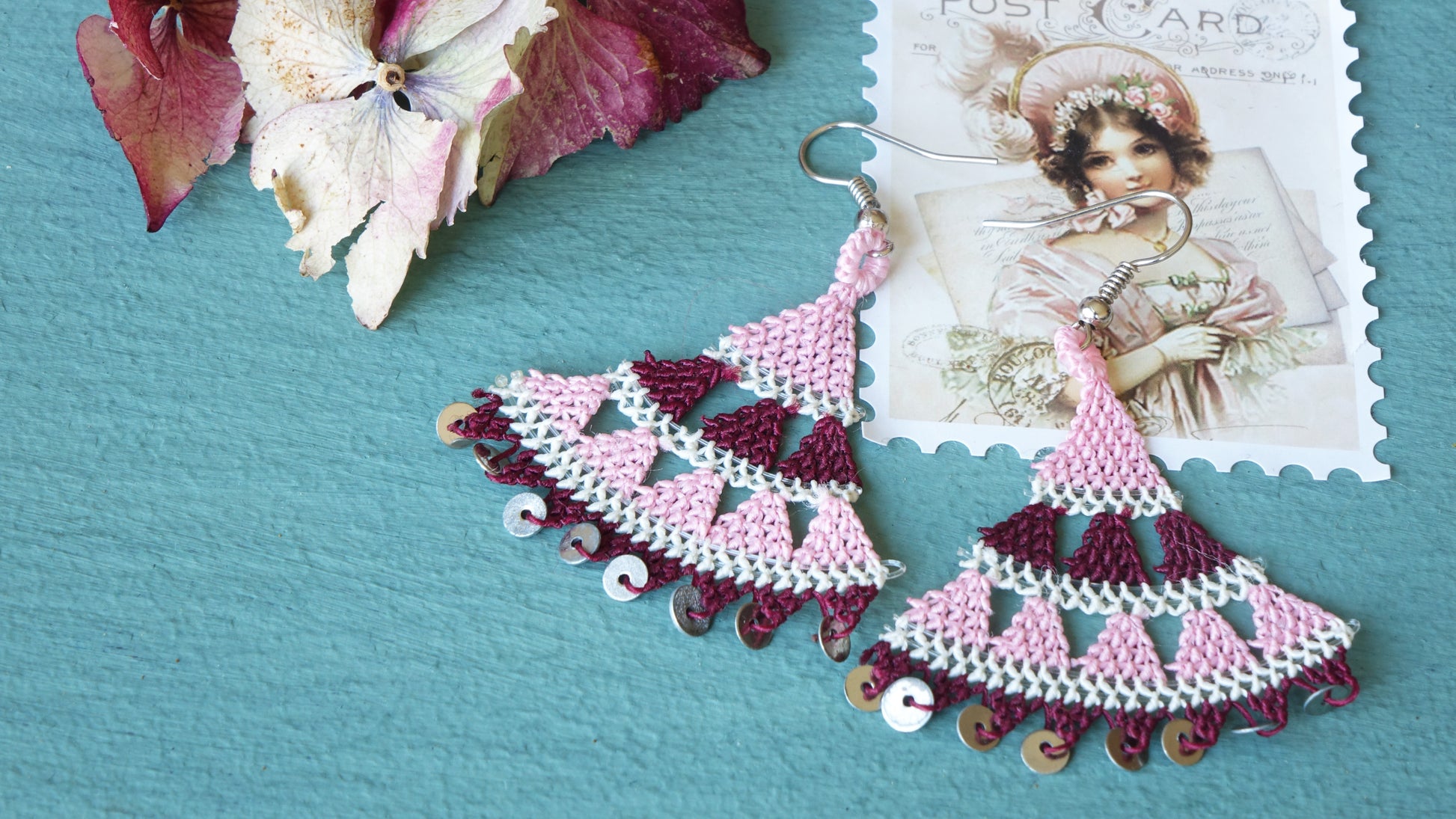 Floral Needle Lace Earrings - Pink & Burgundy - Verna Artisan Works