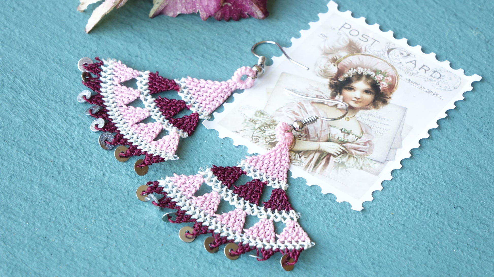 Floral Needle Lace Earrings - Pink & Burgundy - Verna Artisan Works