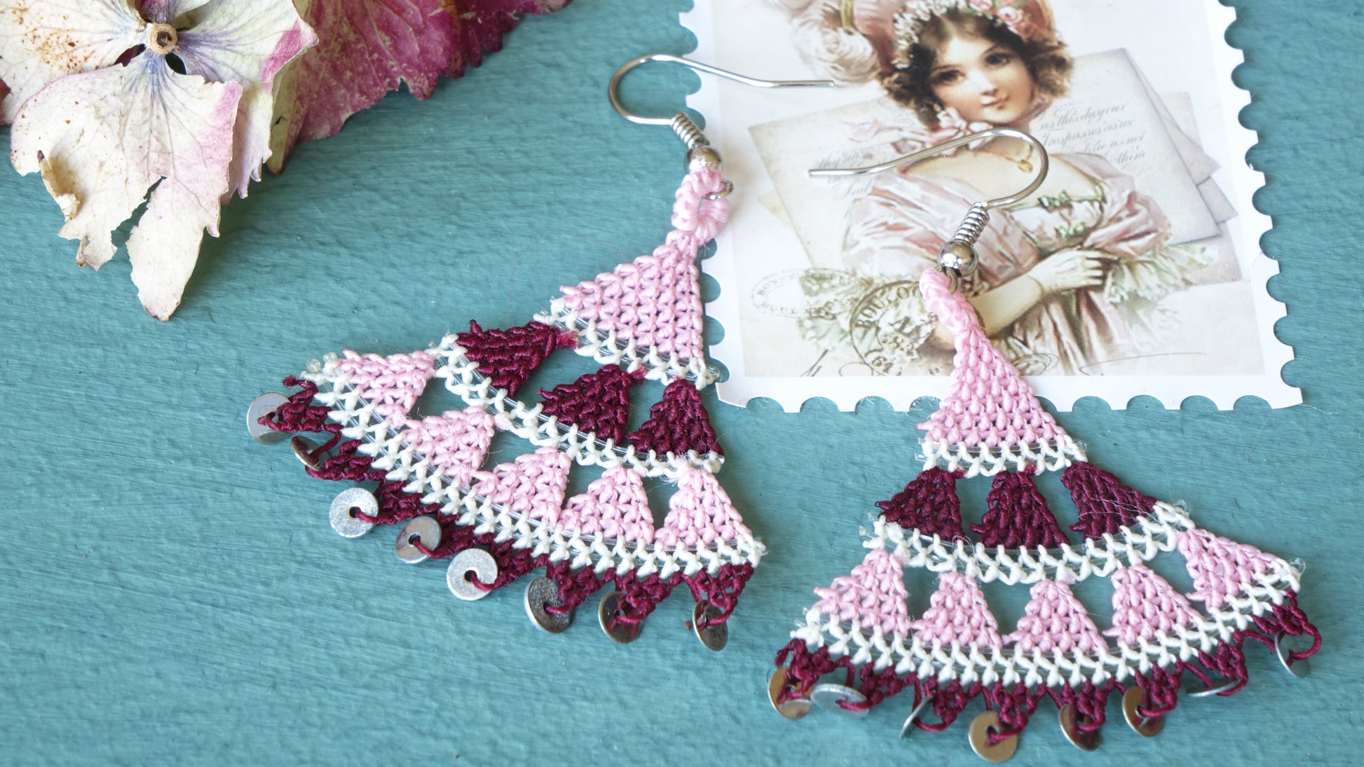 Floral Needle Lace Earrings - Pink & Burgundy - Verna Artisan Works