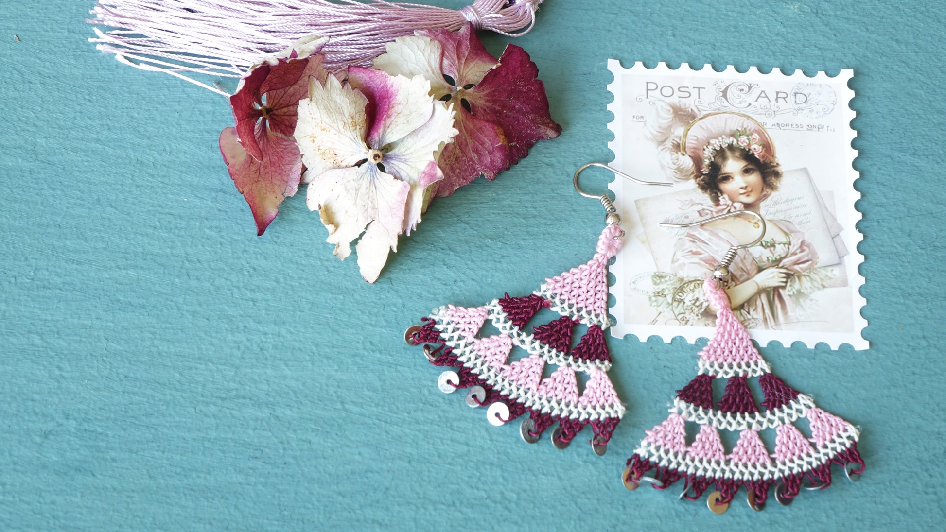 Floral Needle Lace Earrings - Pink & Burgundy - Verna Artisan Works