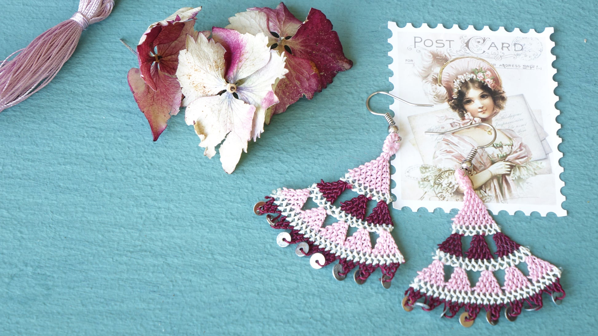 Floral Needle Lace Earrings - Pink & Burgundy - Verna Artisan Works