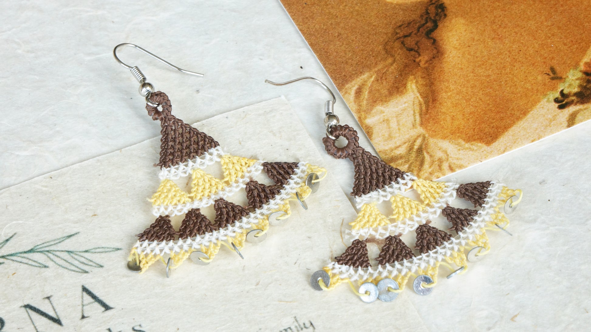 Floral Needle Lace Earrings - Brown & Yellow - Verna Artisan Works