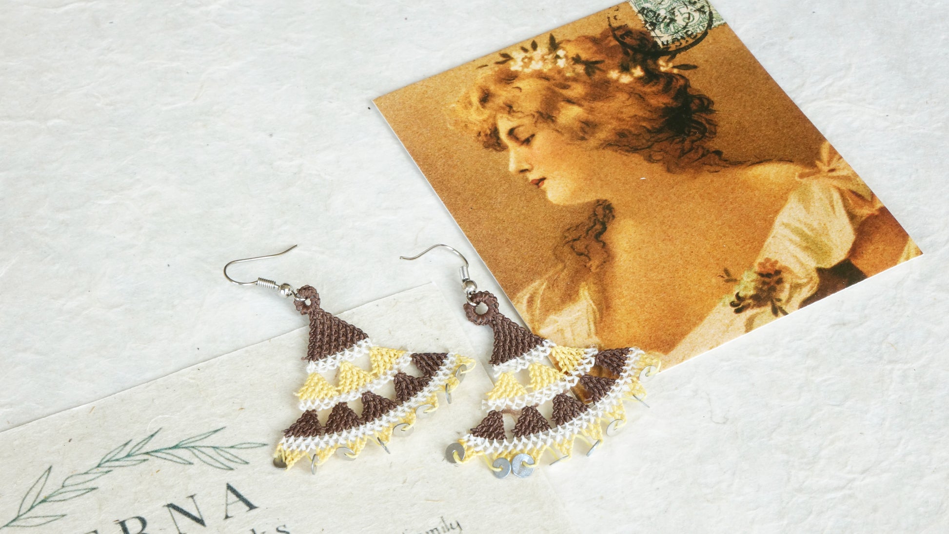 Floral Needle Lace Earrings - Brown & Yellow - Verna Artisan Works