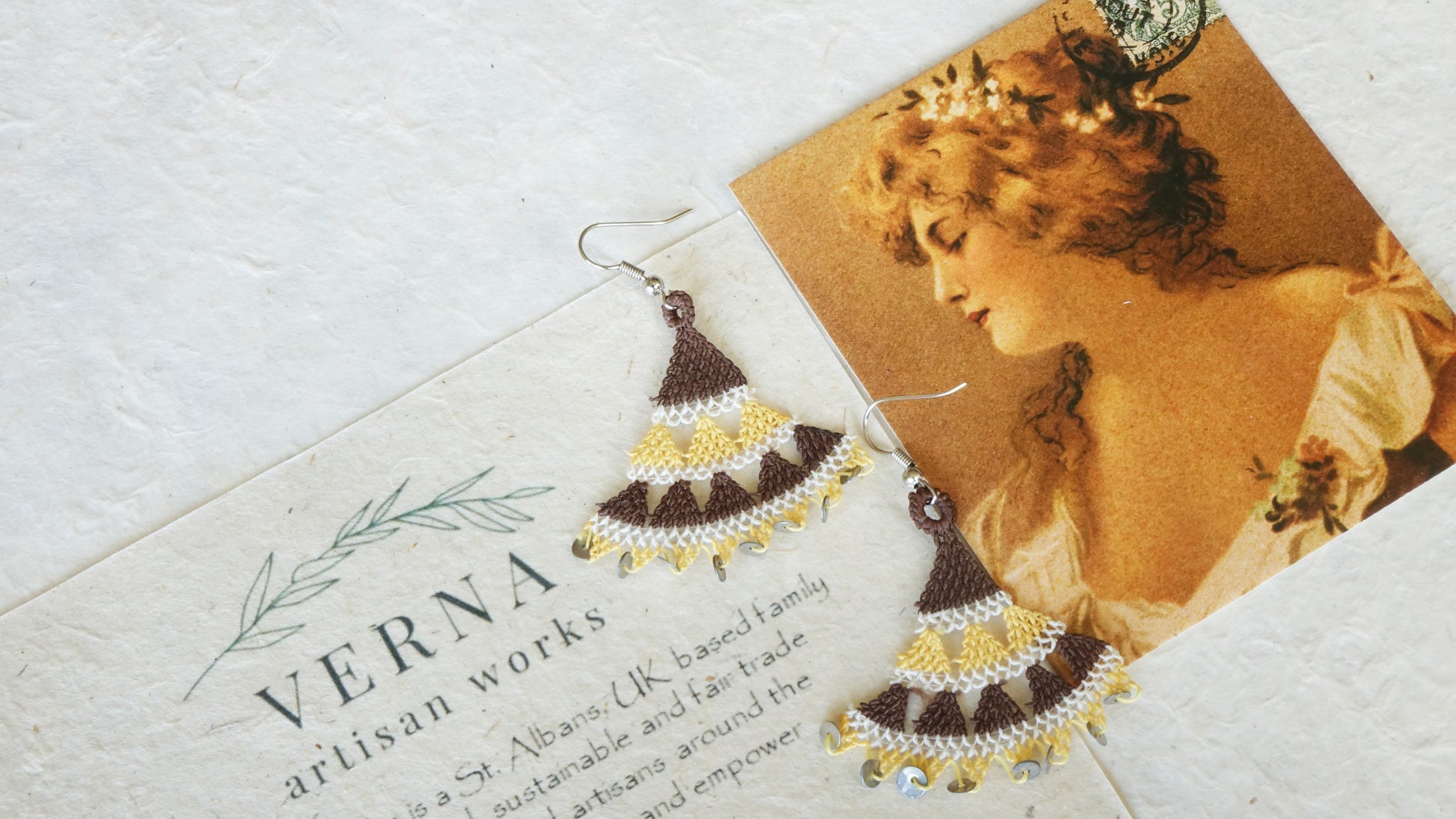 Floral Needle Lace Earrings - Brown & Yellow - Verna Artisan Works
