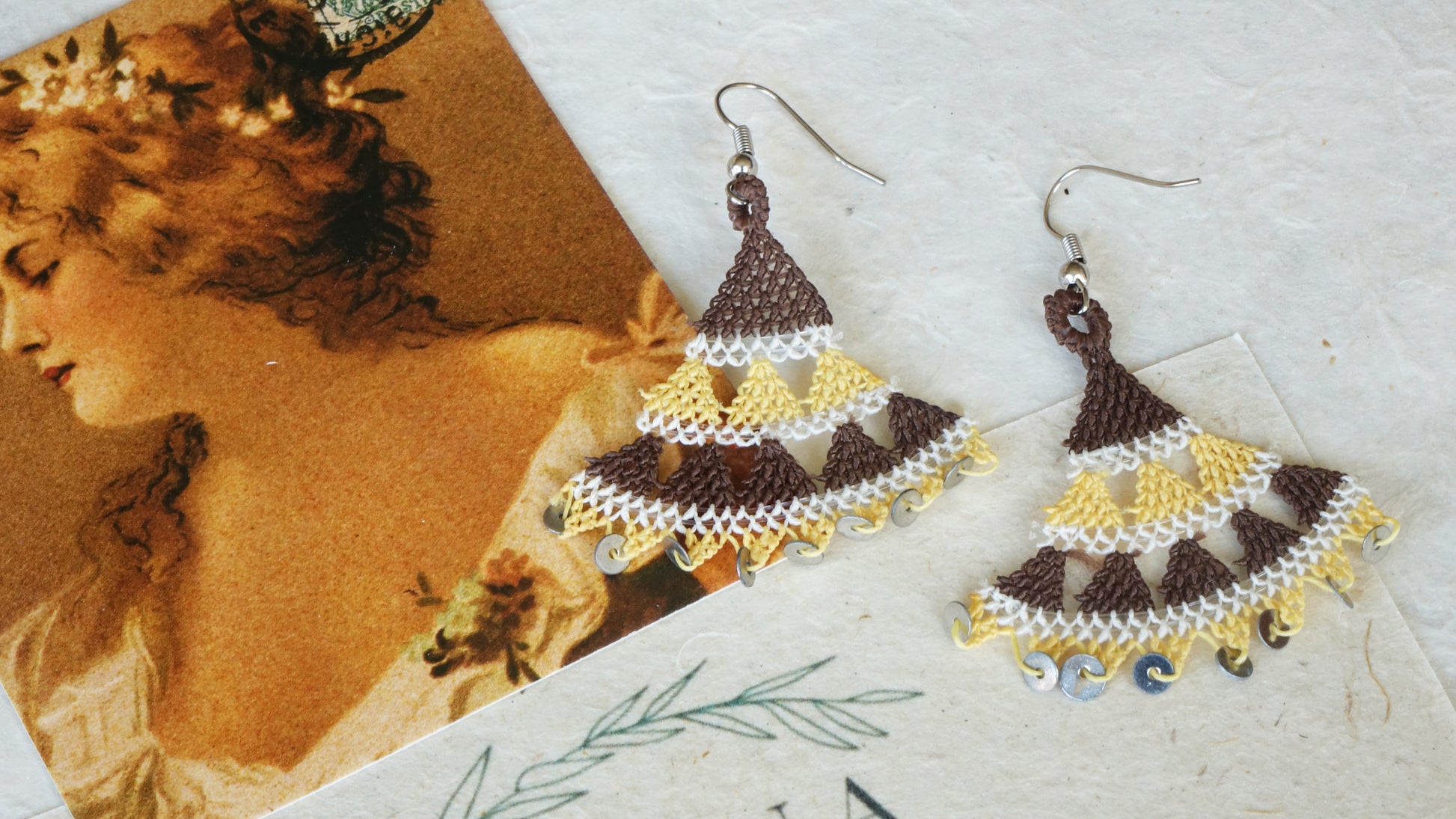 Floral Needle Lace Earrings - Brown & Yellow - Verna Artisan Works