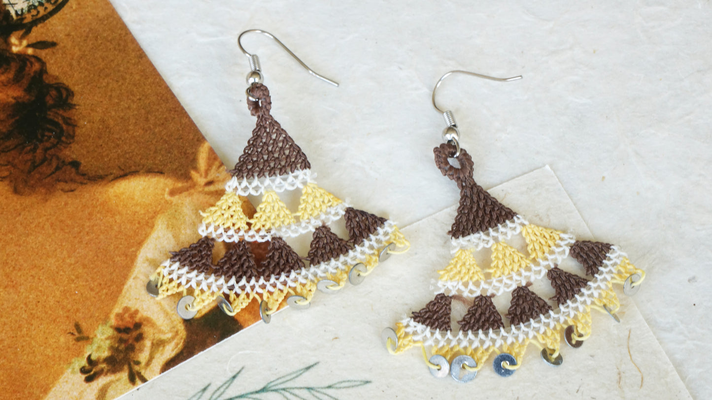 Floral Needle Lace Earrings - Brown & Yellow - Verna Artisan Works