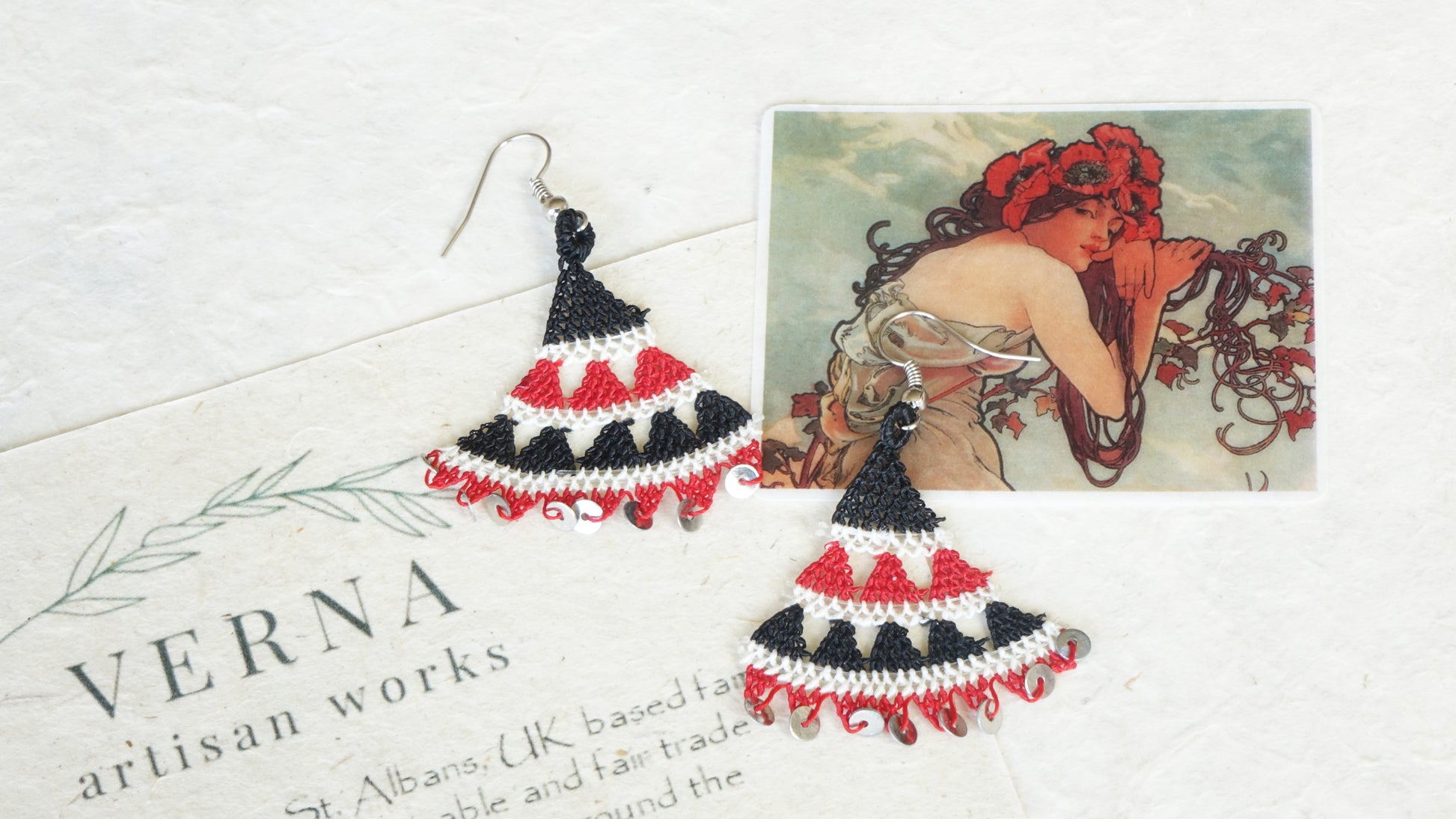 Floral Needle Lace Earrings - Black & Red - Verna Artisan Works