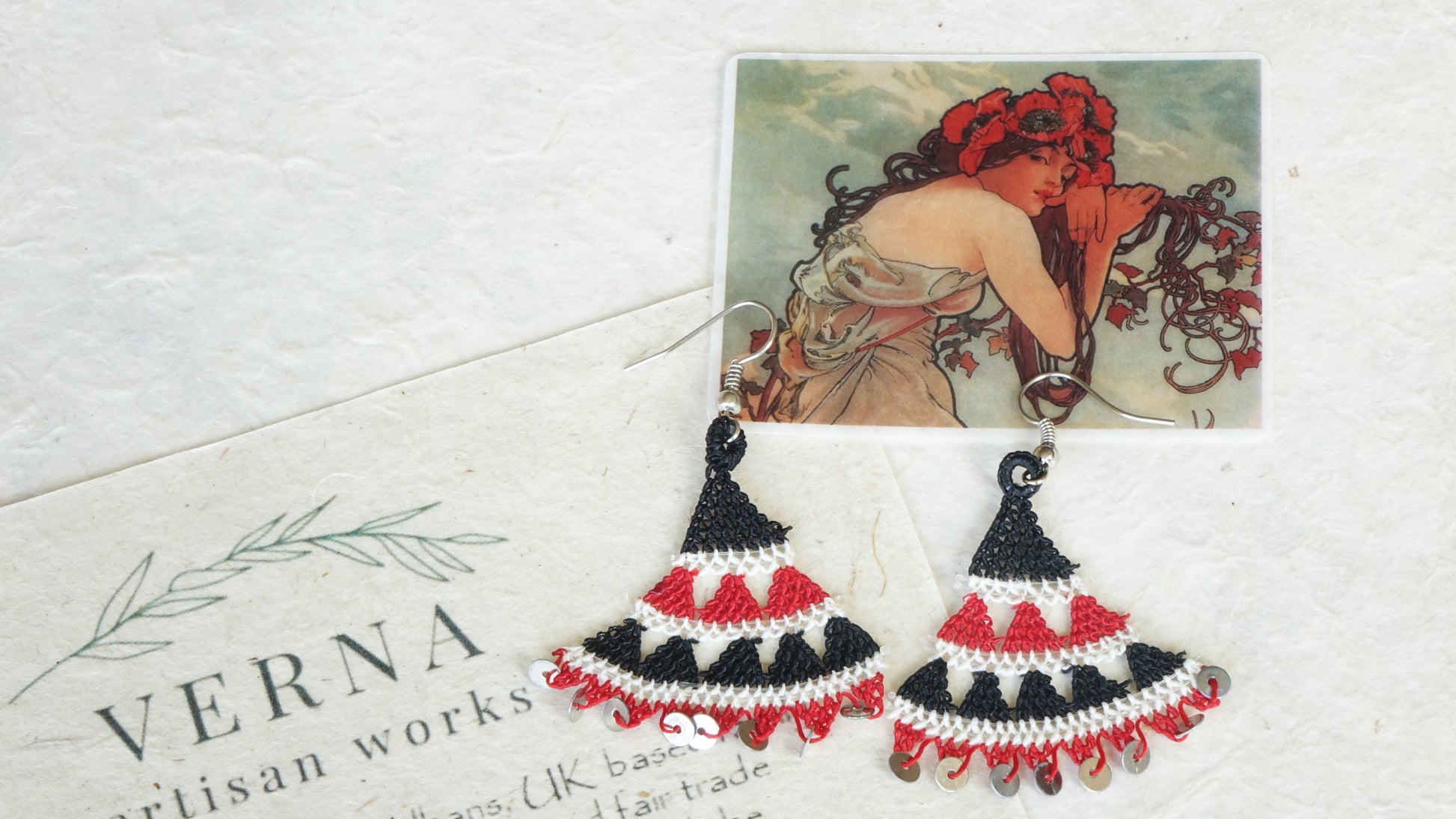 Floral Needle Lace Earrings - Black & Red - Verna Artisan Works