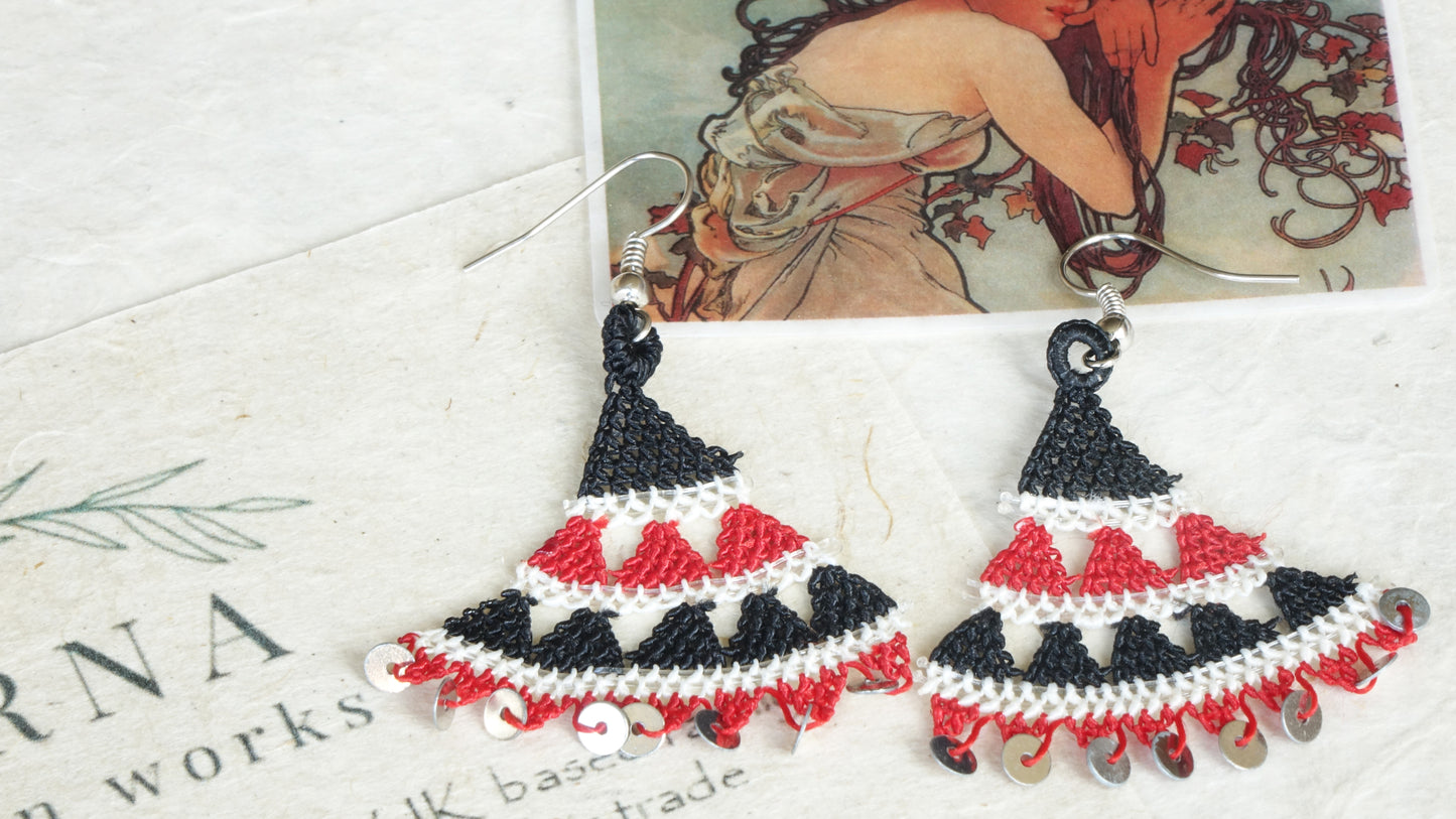 Floral Needle Lace Earrings - Black & Red - Verna Artisan Works