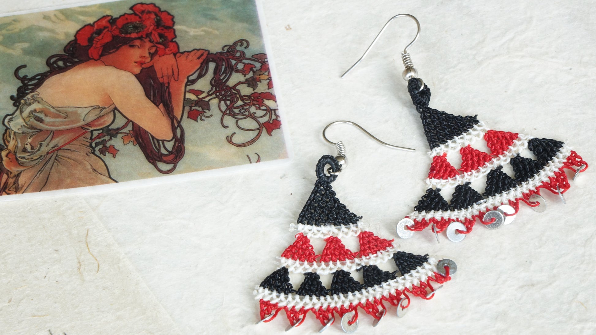 Floral Needle Lace Earrings - Black & Red - Verna Artisan Works